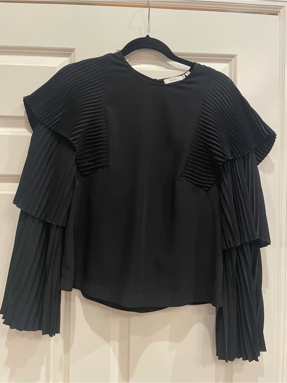 A.L.C. Black Pleated Tiered-Sleeve Blouse